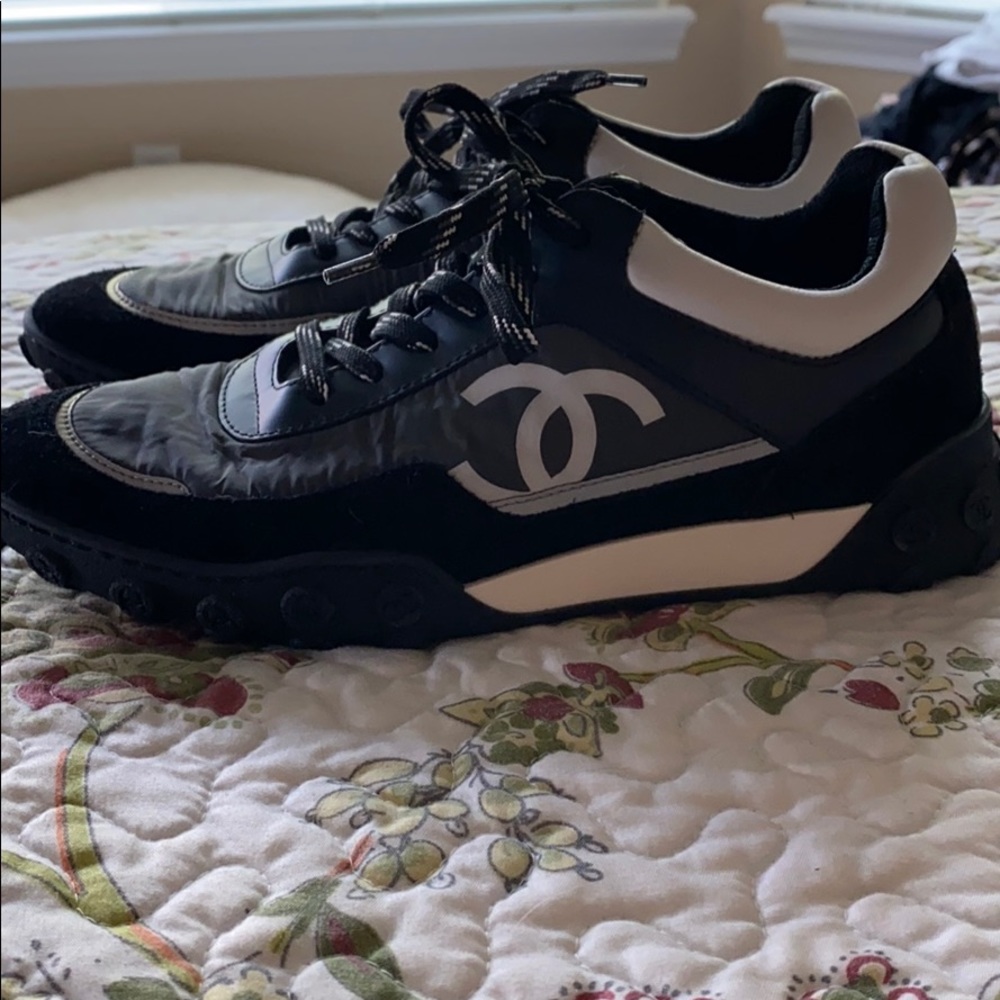 AUTHENTIC Chanel Gray, black, white tennis shoes.